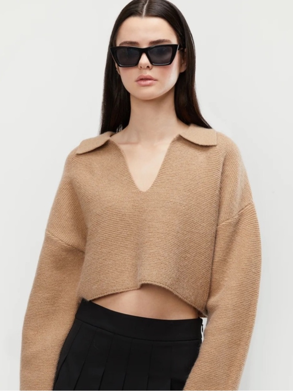 OAK + FORT Camel Cropped Knit Sweater